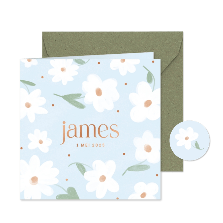Lief geboortekaartje met witte bloemen en koperen tekst - Kaartimpressie