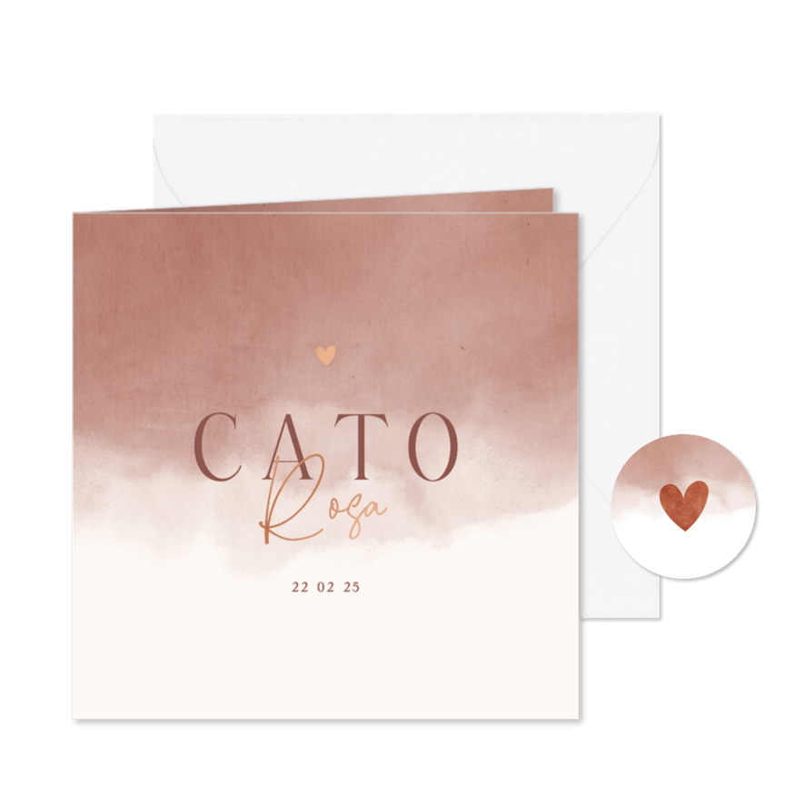 Lief geboortekaartje met zachtbruine waterverf en koperfolie - Kaartimpressie