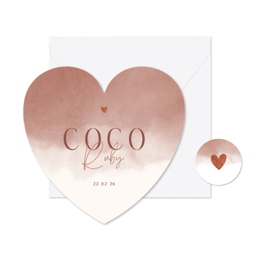 Lief geboortekaartje met zachtbruine waterverf in hartvorm - Kaartimpressie