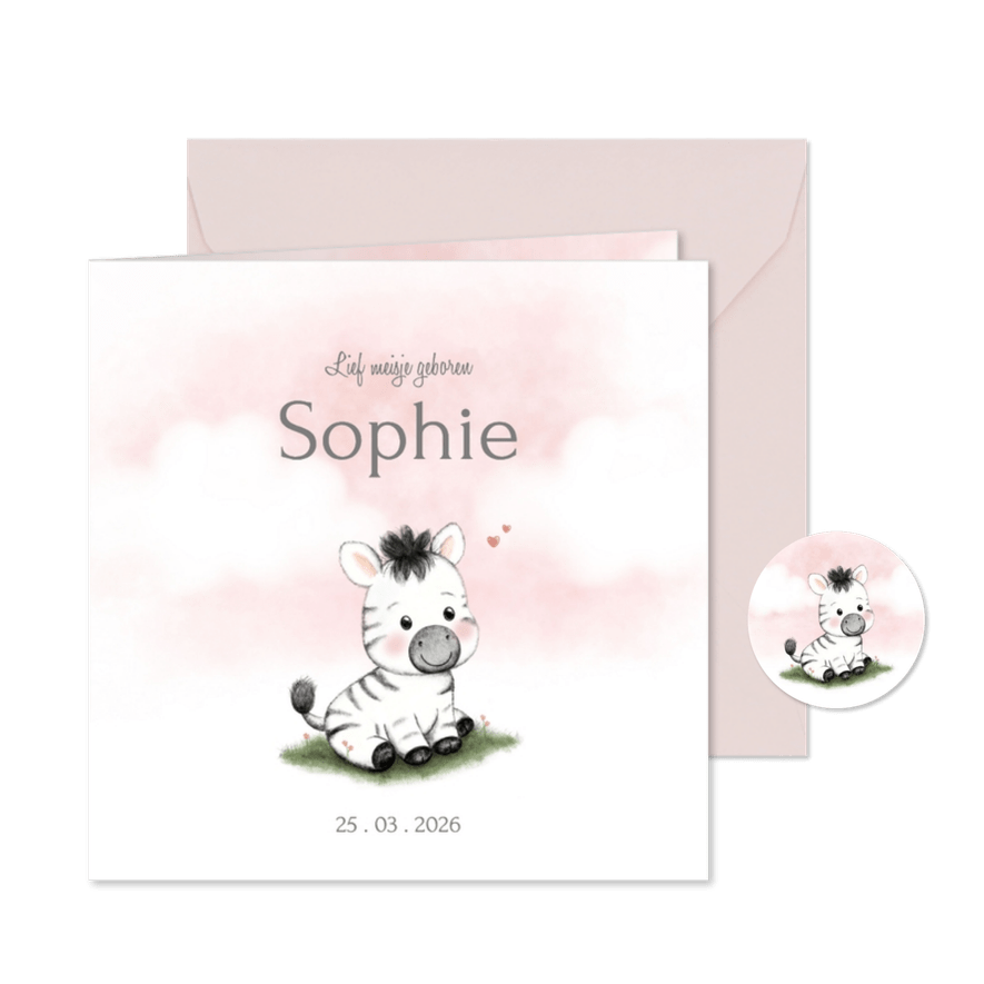 Lief geboortekaartje met zebra en roze wolken - Kaartimpressie