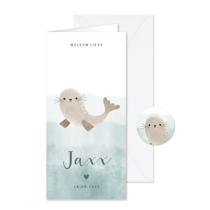Lief geboortekaartje met zeehondje blauwe waterverf jongen - Kaartimpressie