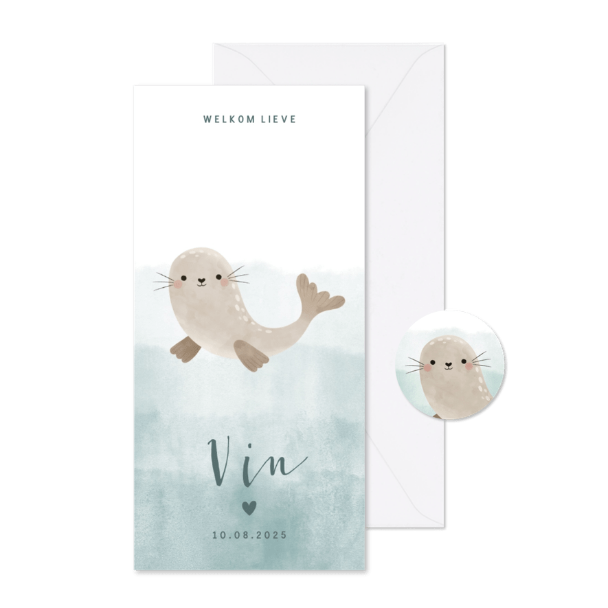 Lief geboortekaartje met zeehondje en blauwe waterverf - Kaartimpressie