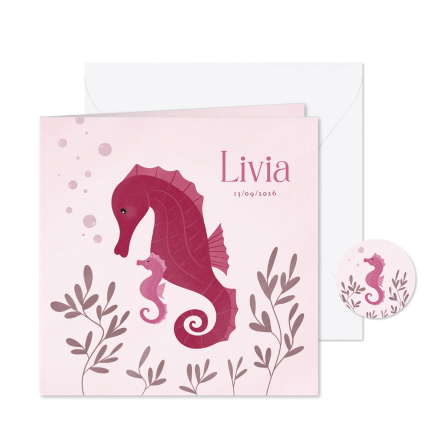 Lief geboortekaartje met zeepaardjes voor een zusje roze - Kaartimpressie