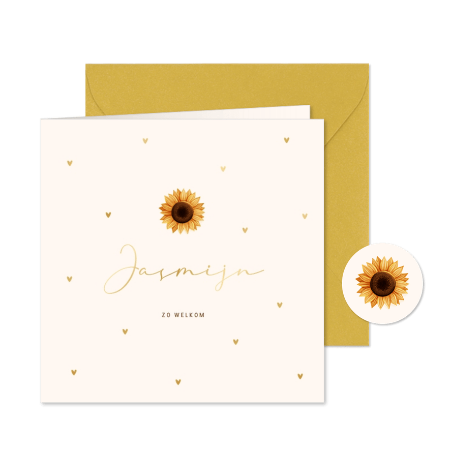 Lief geboortekaartje met zonnebloem en hartjespatroon - Kaartimpressie