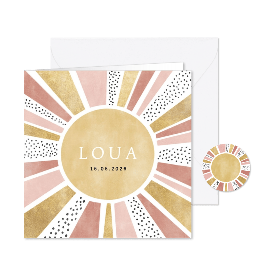 Lief geboortekaartje met zonnetje stipjes en goud - Kaartimpressie