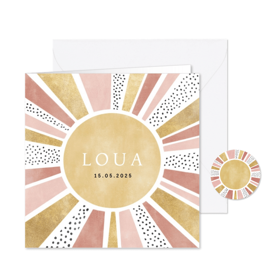 Lief geboortekaartje met zonnetje stipjes en goud - Kaartimpressie