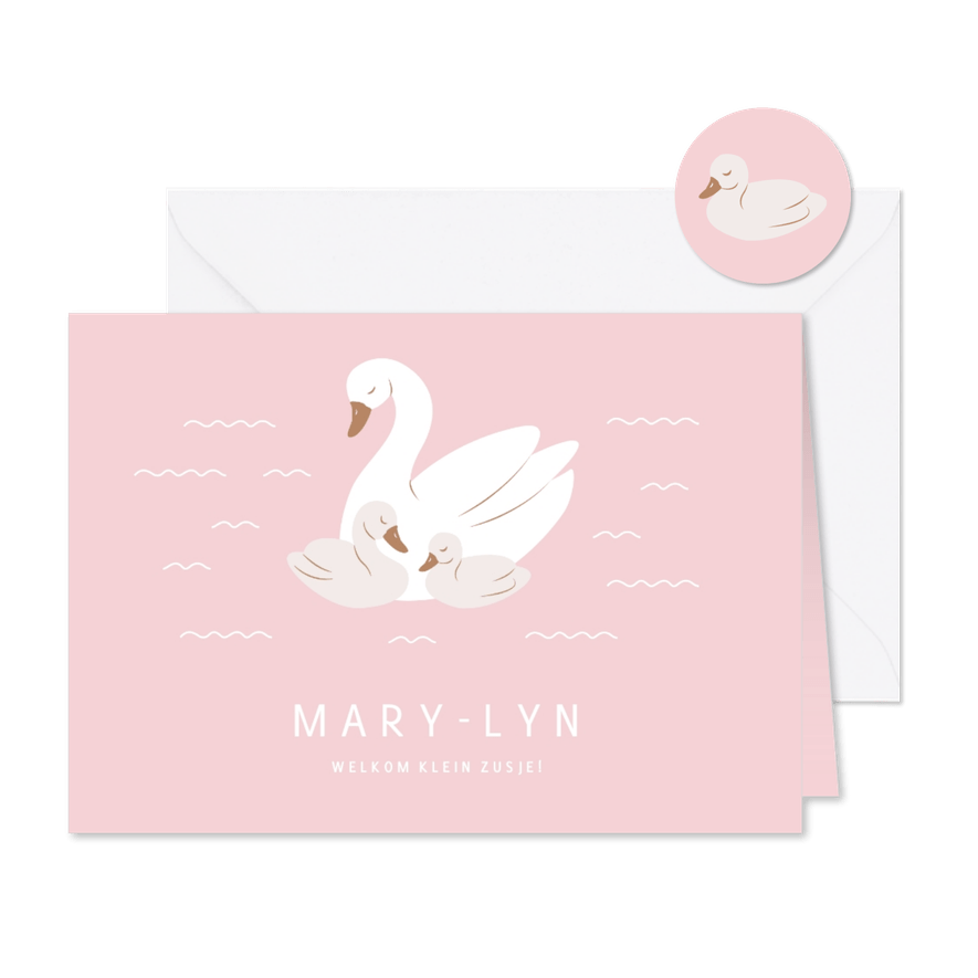 Lief geboortekaartje met zwaantjes voor een zusje - Kaartimpressie