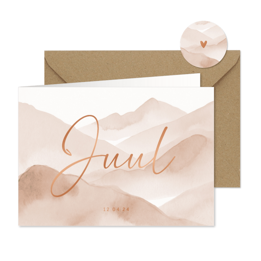 Lief geboortekaartje natuur bergen beige met koper - Kaartimpressie