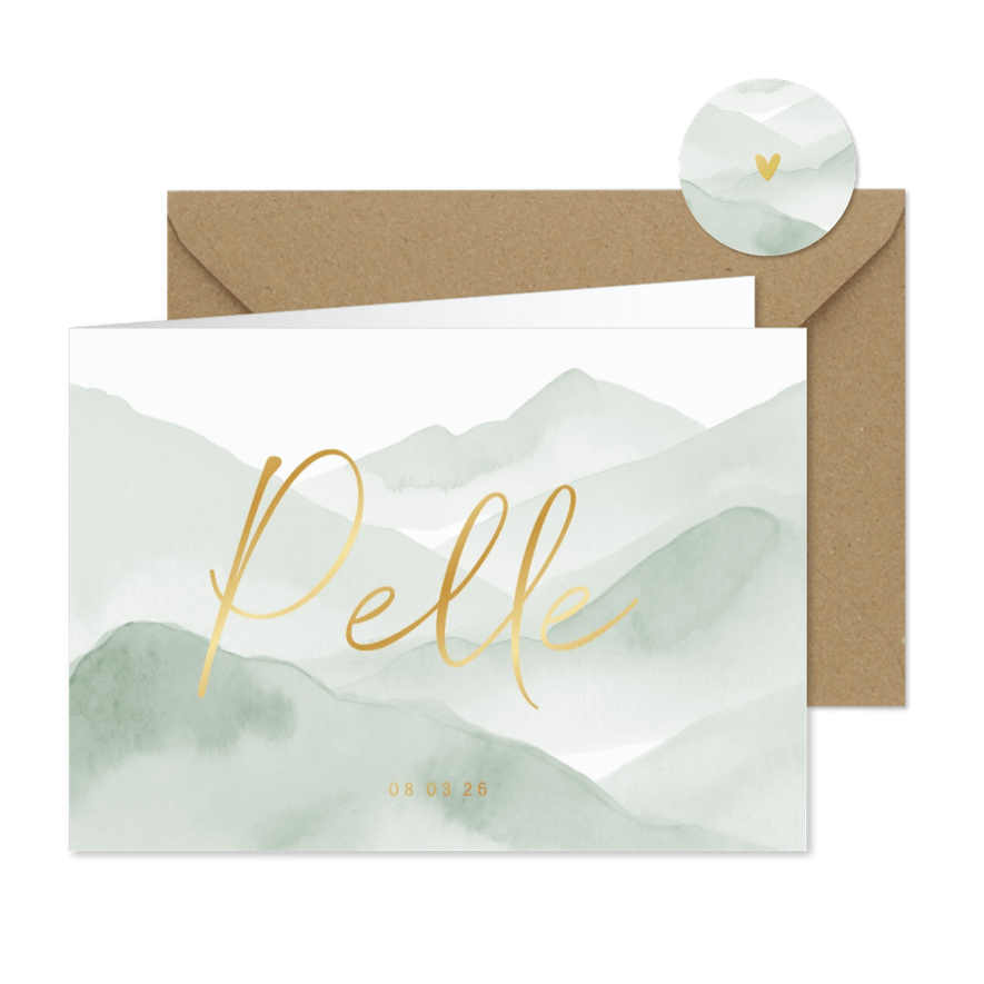 Lief geboortekaartje natuur groene bergen met goud - Kaartimpressie