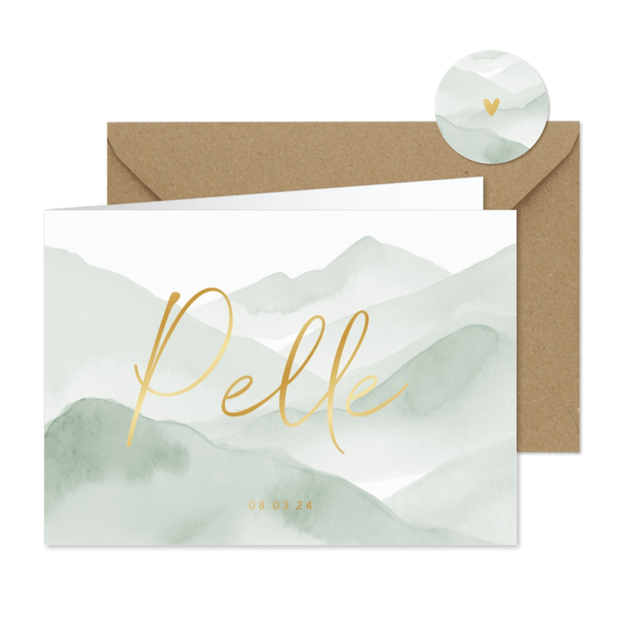 Lief geboortekaartje natuur groene bergen met goud - Kaartimpressie