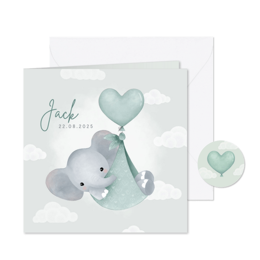 Lief geboortekaartje olifantje in draagzak, ballon & wolkjes - Kaartimpressie