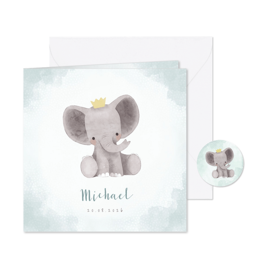 Lief geboortekaartje olifantje met kroontje en waterverf - Kaartimpressie