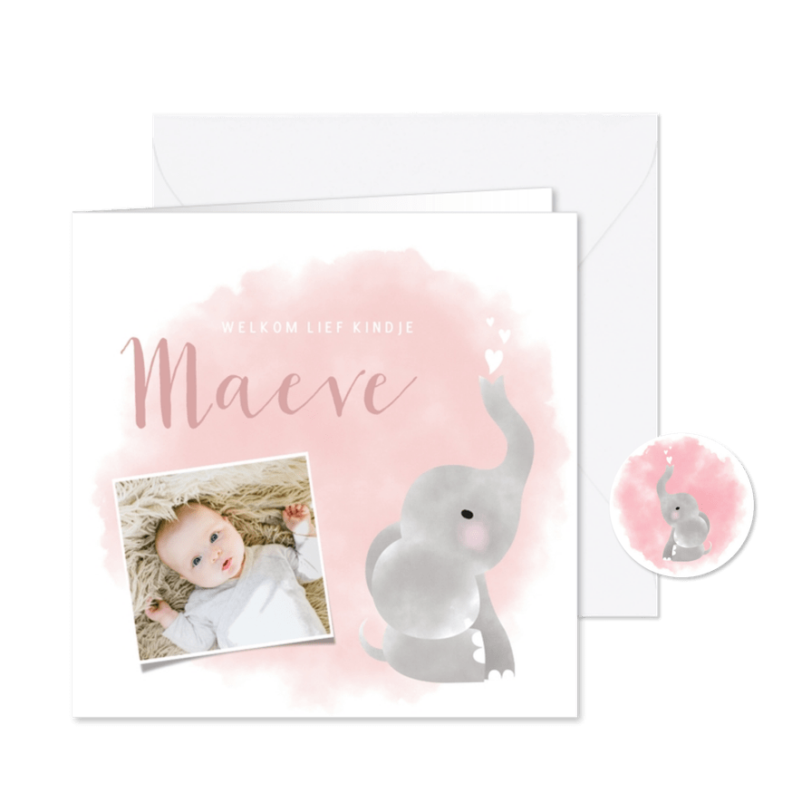 Lief geboortekaartje olifantje waterverf voor meisje - Kaartimpressie