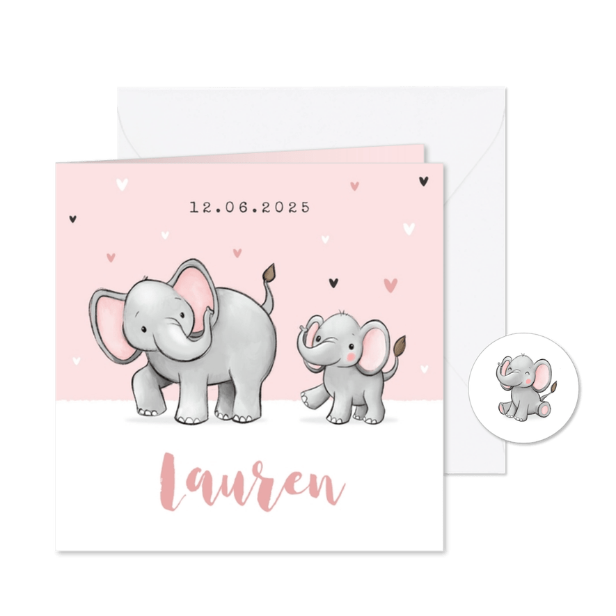 Lief geboortekaartje olifantjes meisje zusje hartjes roze - Kaartimpressie