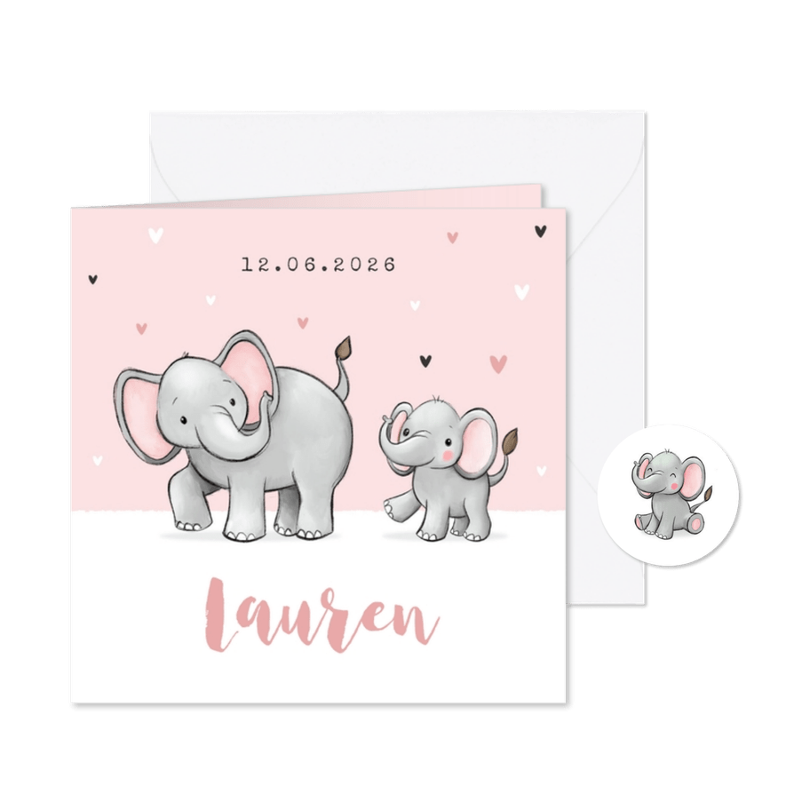 Lief geboortekaartje olifantjes meisje zusje hartjes roze - Kaartimpressie