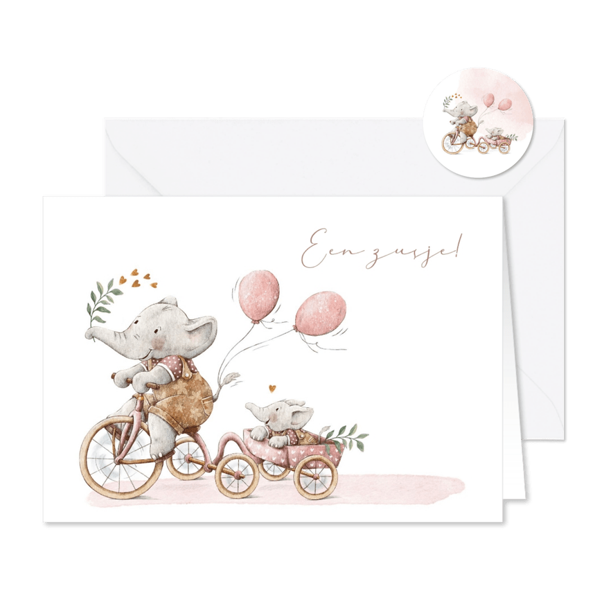 Lief geboortekaartje olifantjes zusjes samen op de fiets - Kaartimpressie