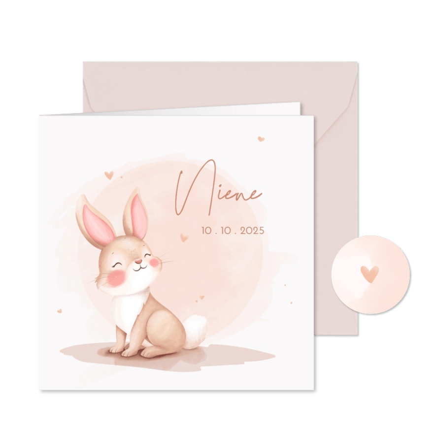Lief geboortekaartje pastel aquarel illustratie konijntje - Kaartimpressie