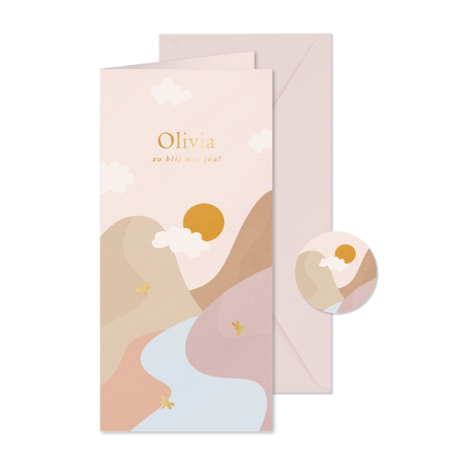Lief geboortekaartje pastel roze landschap gouden libelle - Kaartimpressie
