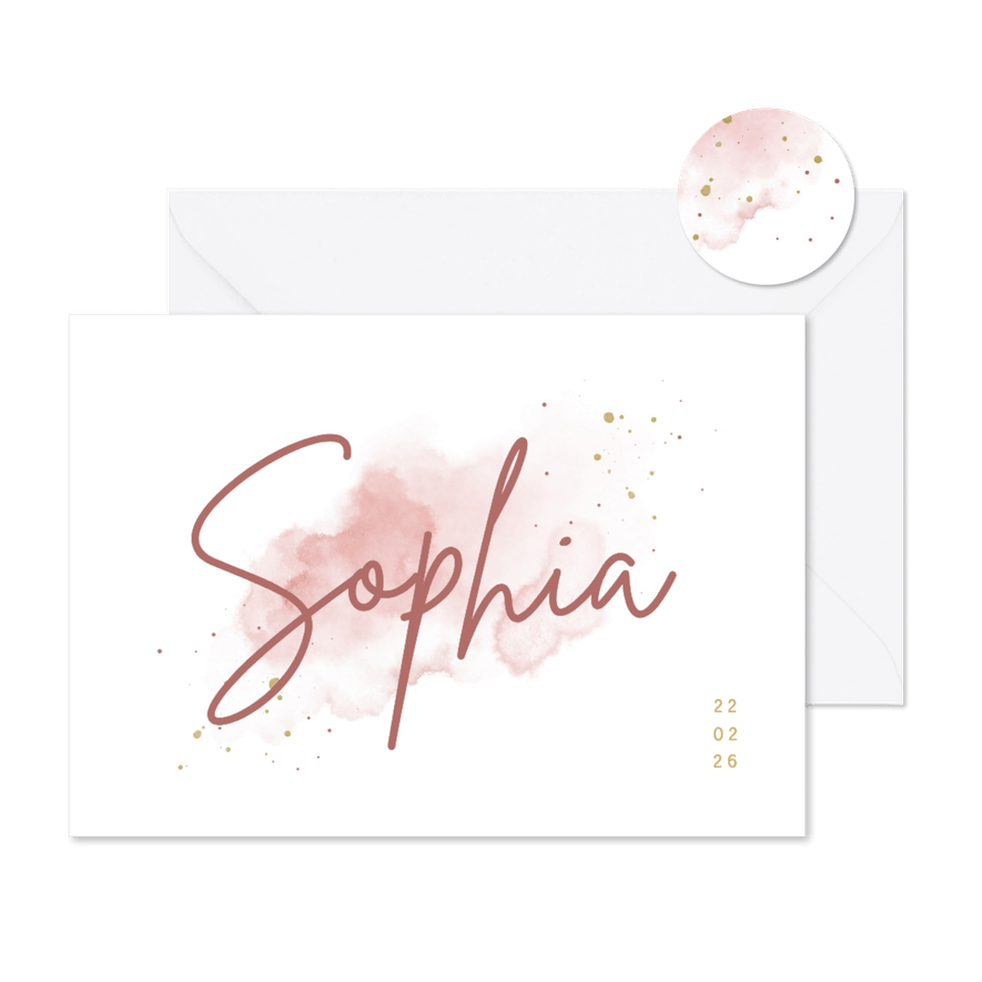 Lief geboortekaartje roze aquarel met grote naam - Kaartimpressie