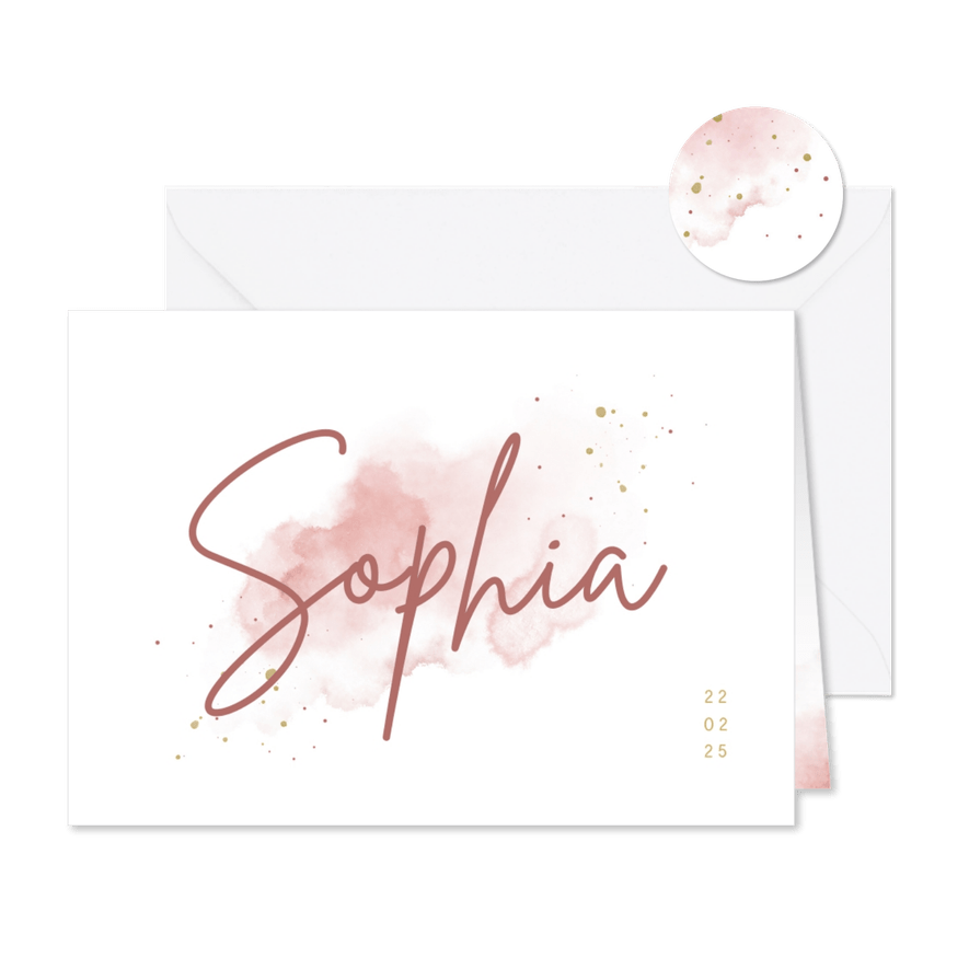 Lief geboortekaartje roze aquarel met grote naam - Kaartimpressie