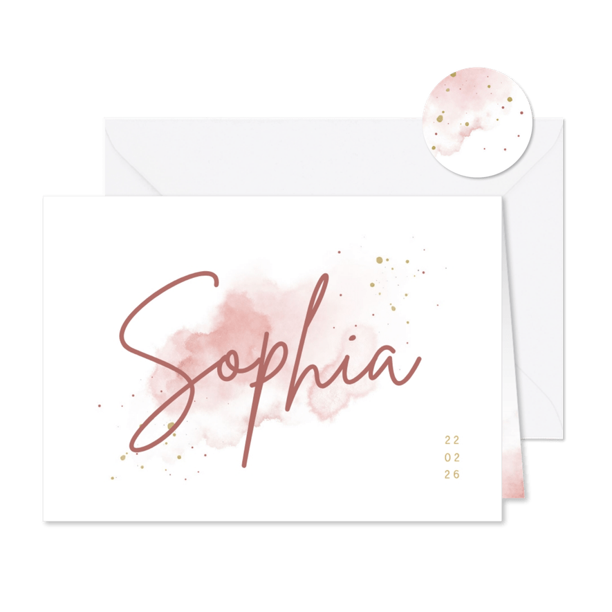 Lief geboortekaartje roze aquarel met grote naam - Kaartimpressie