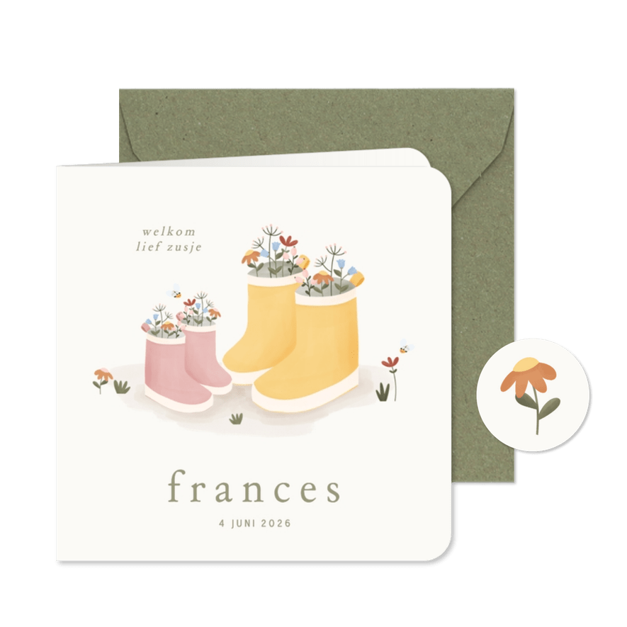 Lief geboortekaartje roze laarsjes en bloemetjes zusje - Kaartimpressie