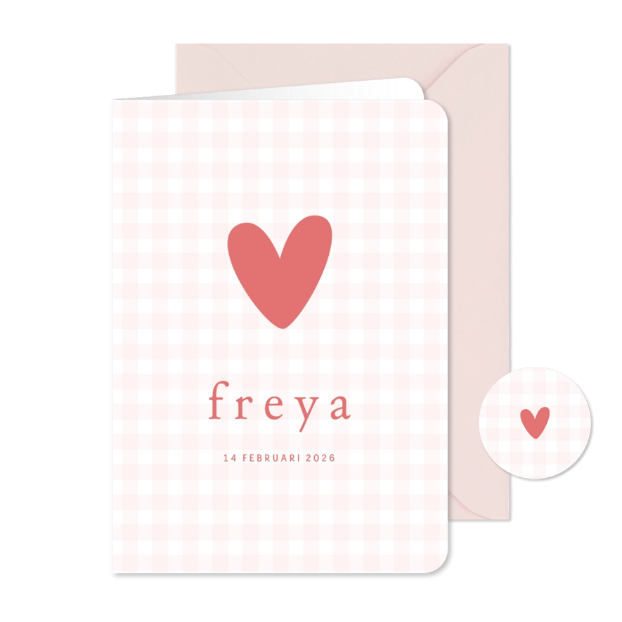 Lief geboortekaartje roze ruitjes en roze hartje - Kaartimpressie