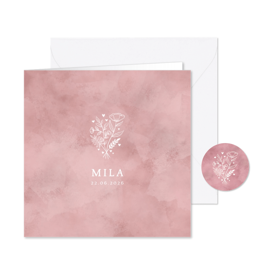 Lief geboortekaartje roze waterverf, bloemetjes en hartjes - Kaartimpressie