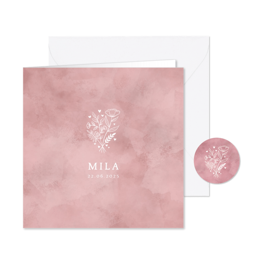 Lief geboortekaartje roze waterverf, bloemetjes en hartjes - Kaartimpressie