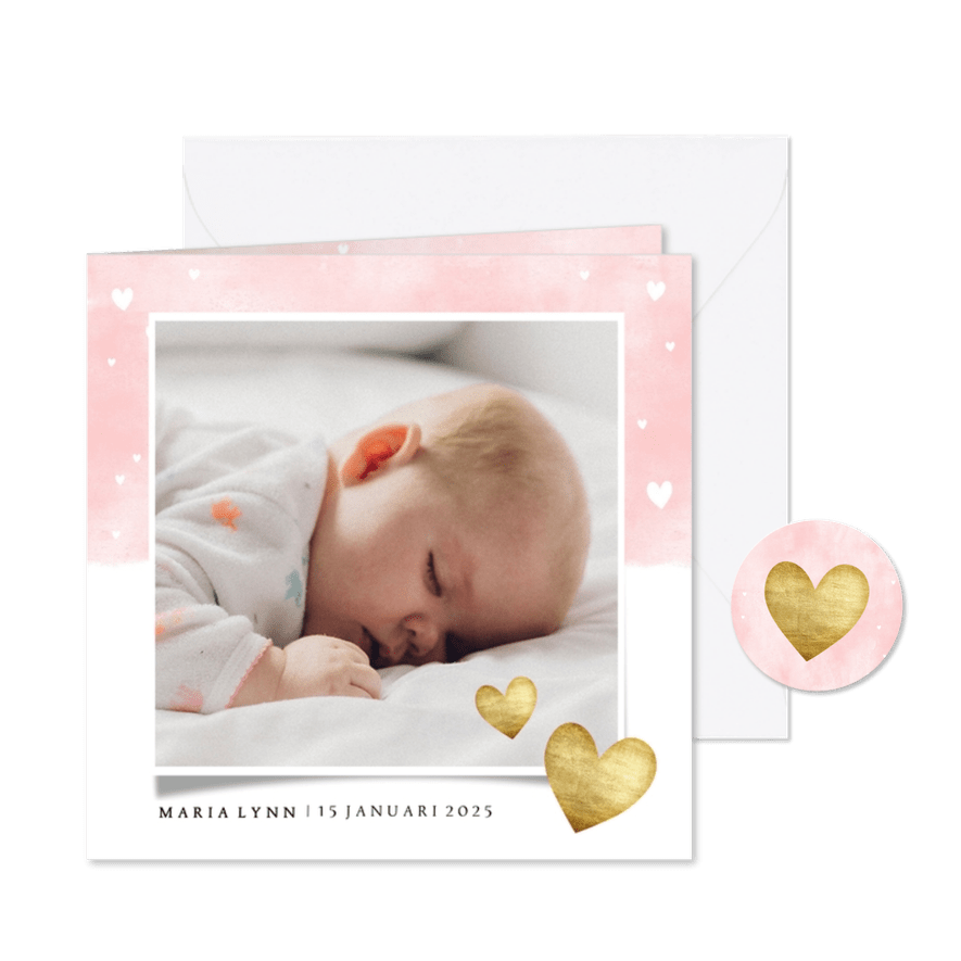 Lief geboortekaartje roze waterverf gouden hartjes - Kaartimpressie