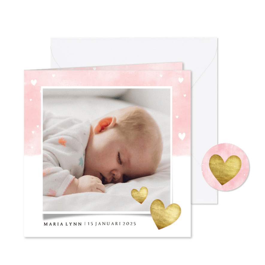 Lief geboortekaartje roze waterverf gouden hartjes - Kaartimpressie