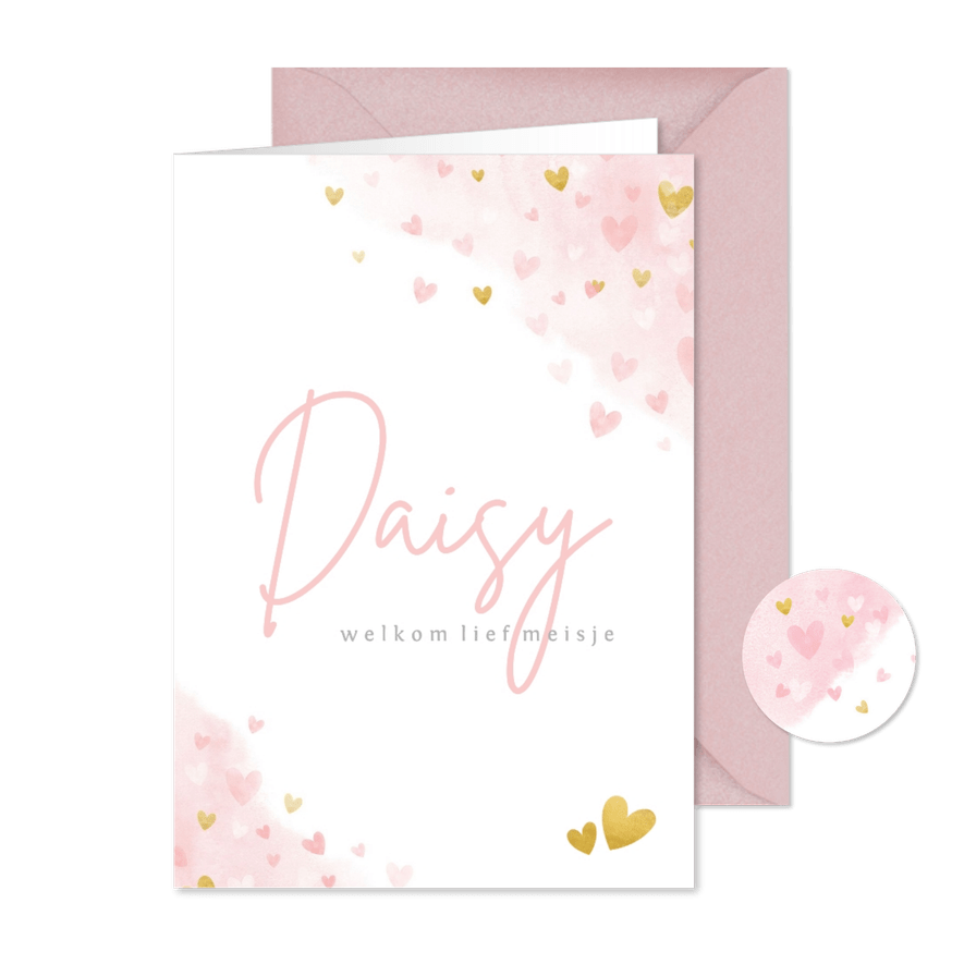 Lief geboortekaartje roze waterverf hartjes voor een meisje - Kaartimpressie