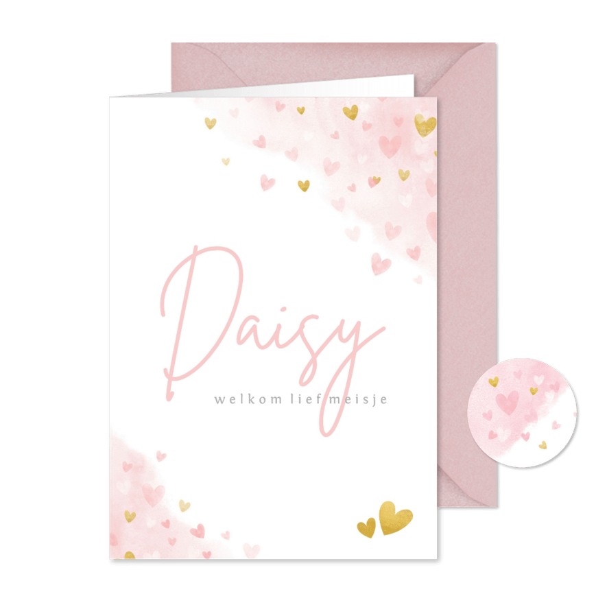 Lief geboortekaartje roze waterverf hartjes voor een meisje - Kaartimpressie