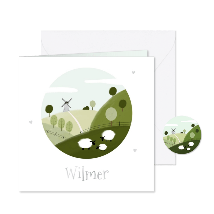Lief geboortekaartje schaapjes molen heuvels illustratie - Kaartimpressie