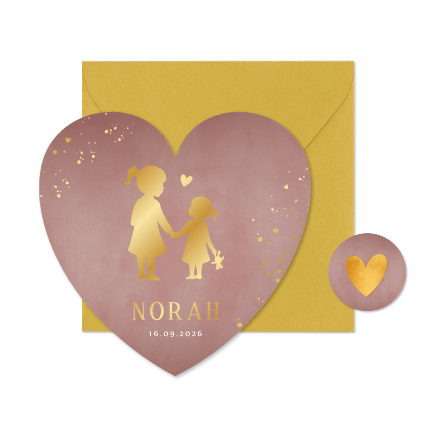 Lief geboortekaartje silhouet zus met zusje in hartjes vorm - Kaartimpressie