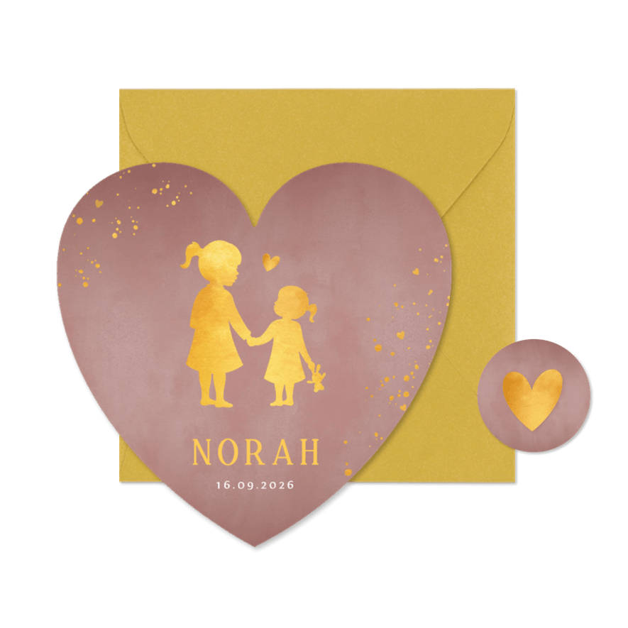 Lief geboortekaartje silhouet zus met zusje in hartjes vorm  - Kaartimpressie