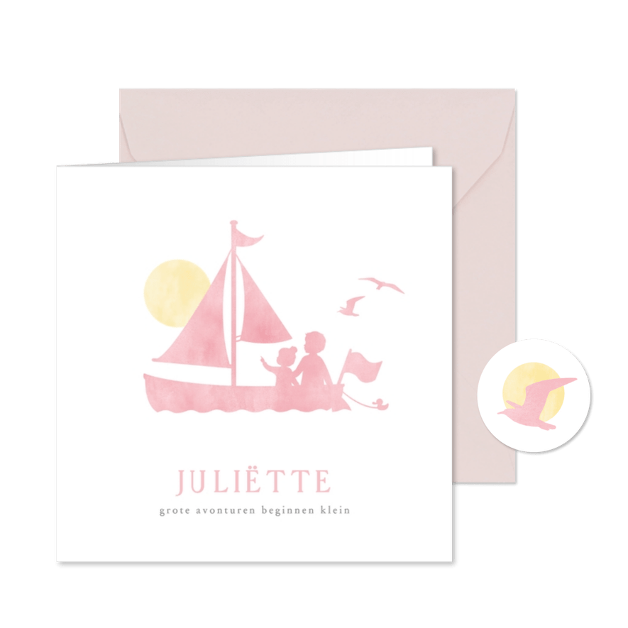 Lief geboortekaartje silhouet zusje met broer in zeil bootje - Kaartimpressie
