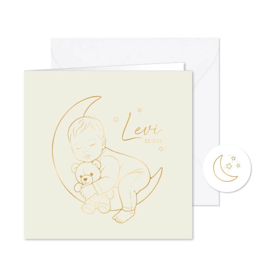 Lief geboortekaartje slapend jongetje op de maan – goudfolie - Kaartimpressie