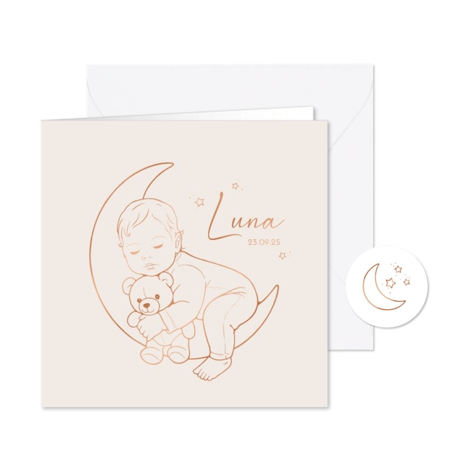 Lief geboortekaartje slapend meisje op de maan – koperfolie - Kaartimpressie