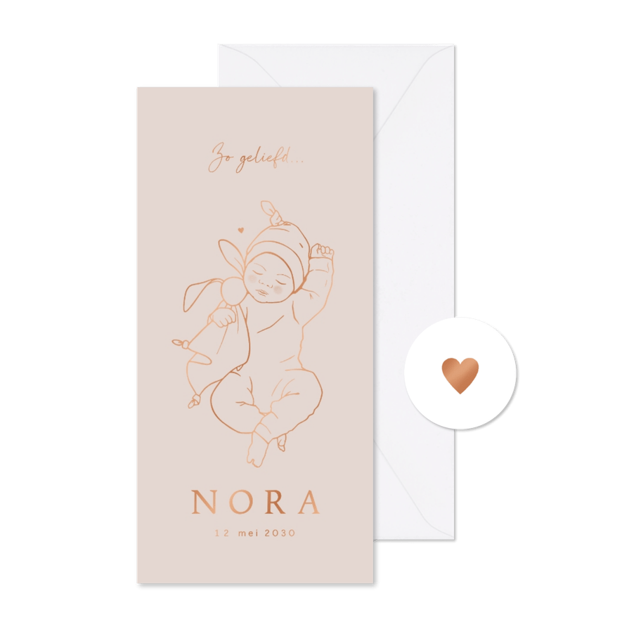 Lief geboortekaartje slapende baby – koperfolie - Kaartimpressie