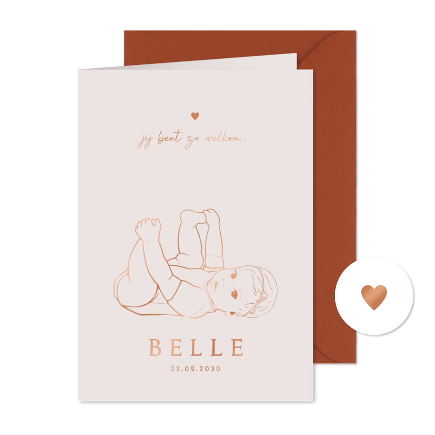 Lief geboortekaartje spelend meisje – koperfolie - Kaartimpressie