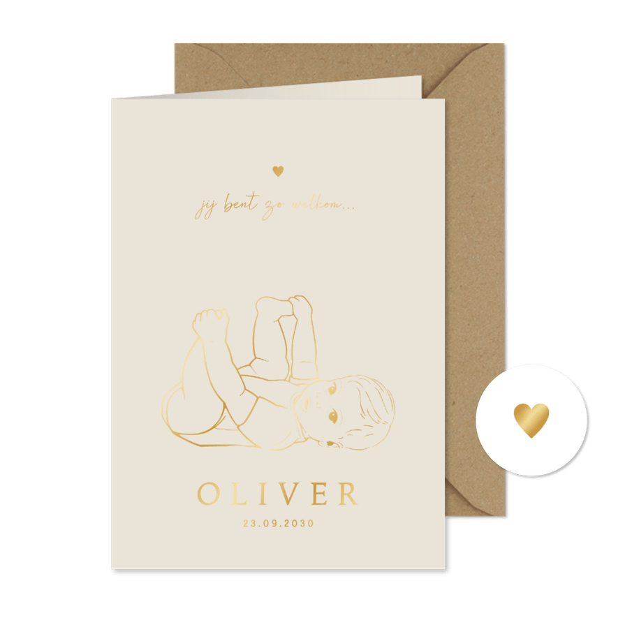 Lief geboortekaartje spelende baby – goudfolie - Kaartimpressie