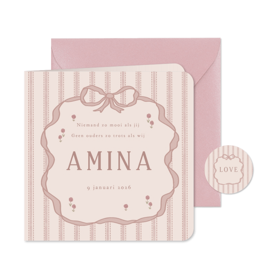 Lief geboortekaartje strik doodle met strepen roze - Kaartimpressie