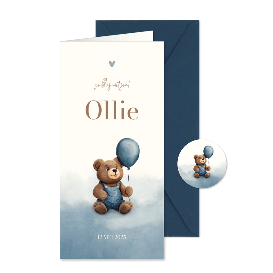 Lief geboortekaartje teddybeer met ballon blauwe waterverf - Kaartimpressie