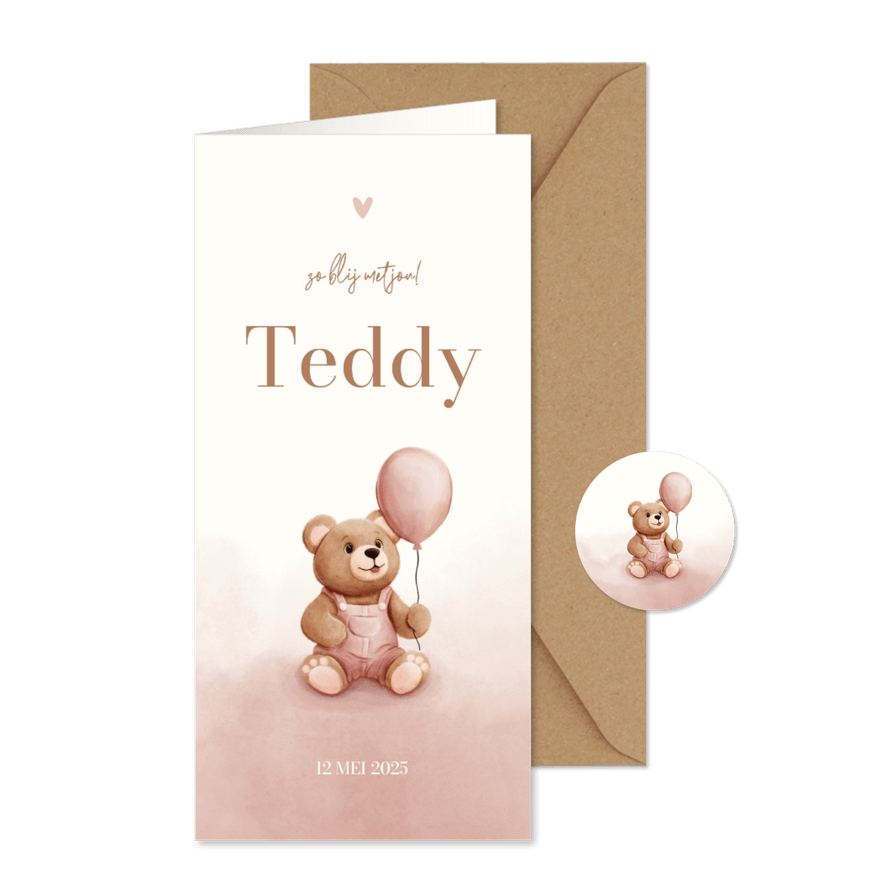 Lief geboortekaartje teddybeer met ballon roze waterverf - Kaartimpressie