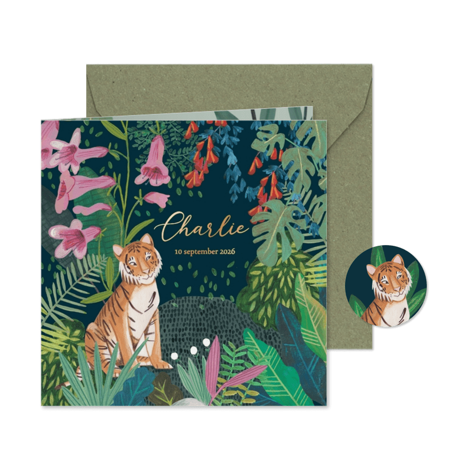 Lief geboortekaartje tijger in de jungle met bloemen - Kaartimpressie