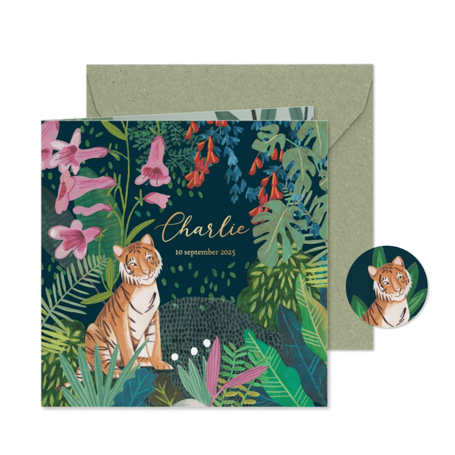 Lief geboortekaartje tijger in de jungle met bloemen - Kaartimpressie