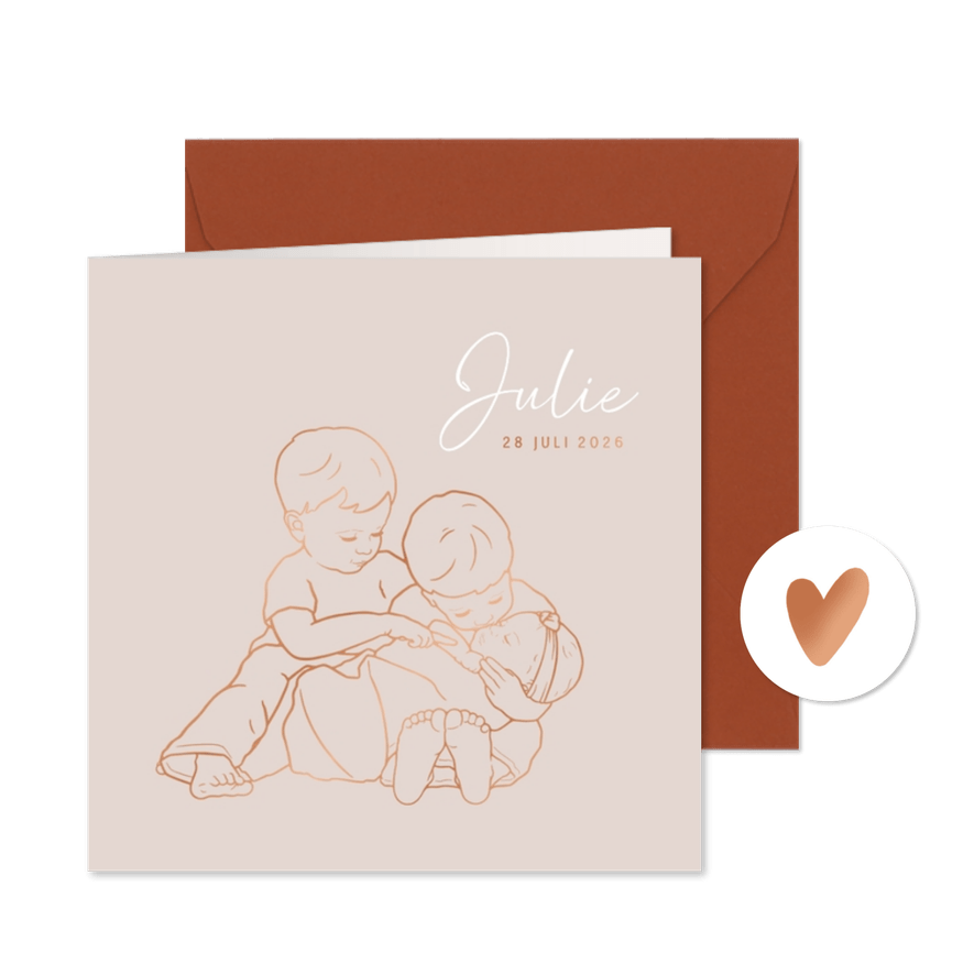 Lief geboortekaartje twee broers met zusje – koperfolie - Kaartimpressie