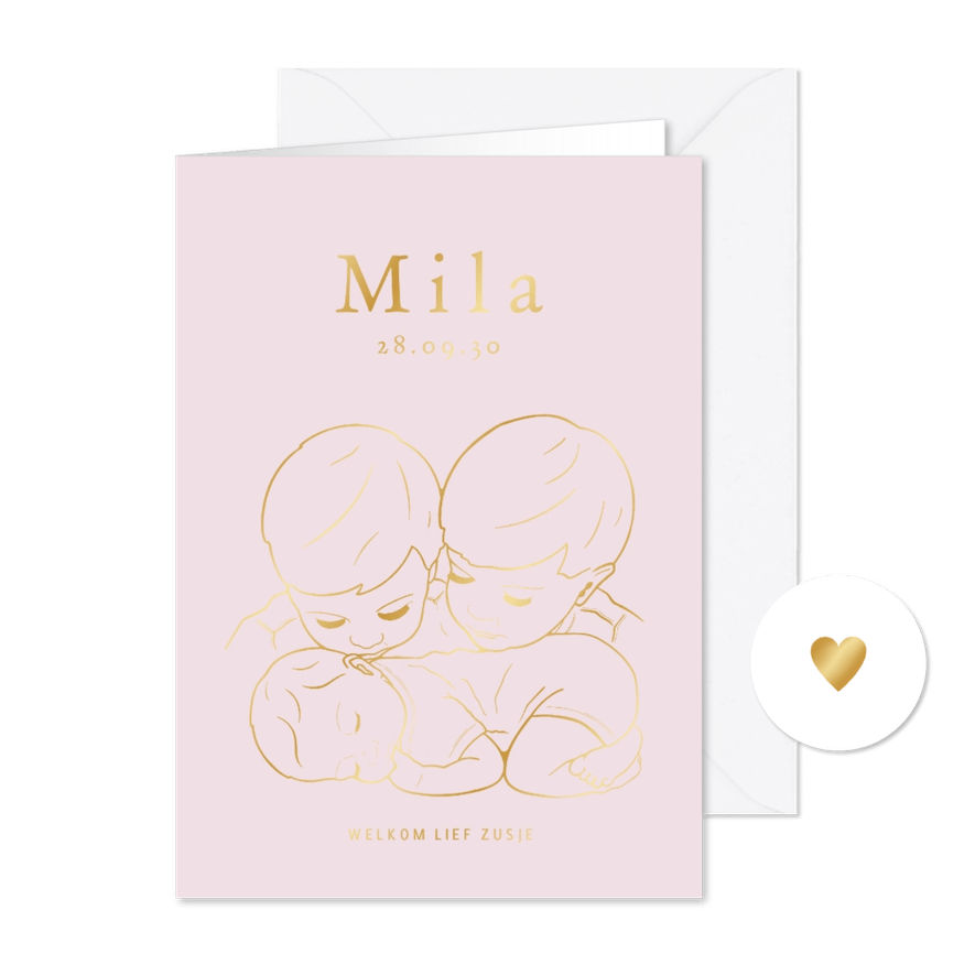 Lief geboortekaartje twee broertjes met baby – goudfolie - Kaartimpressie