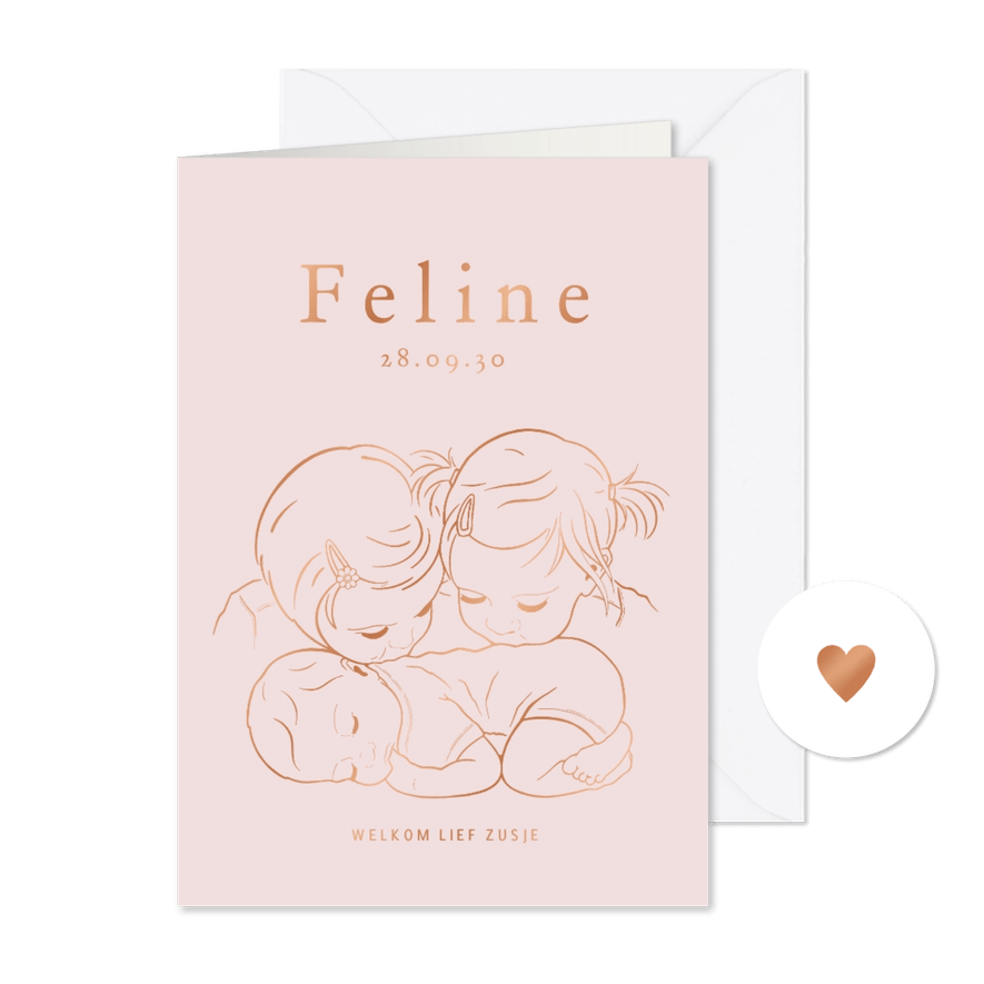 Lief geboortekaartje twee zusjes met baby – koperfolie - Kaartimpressie